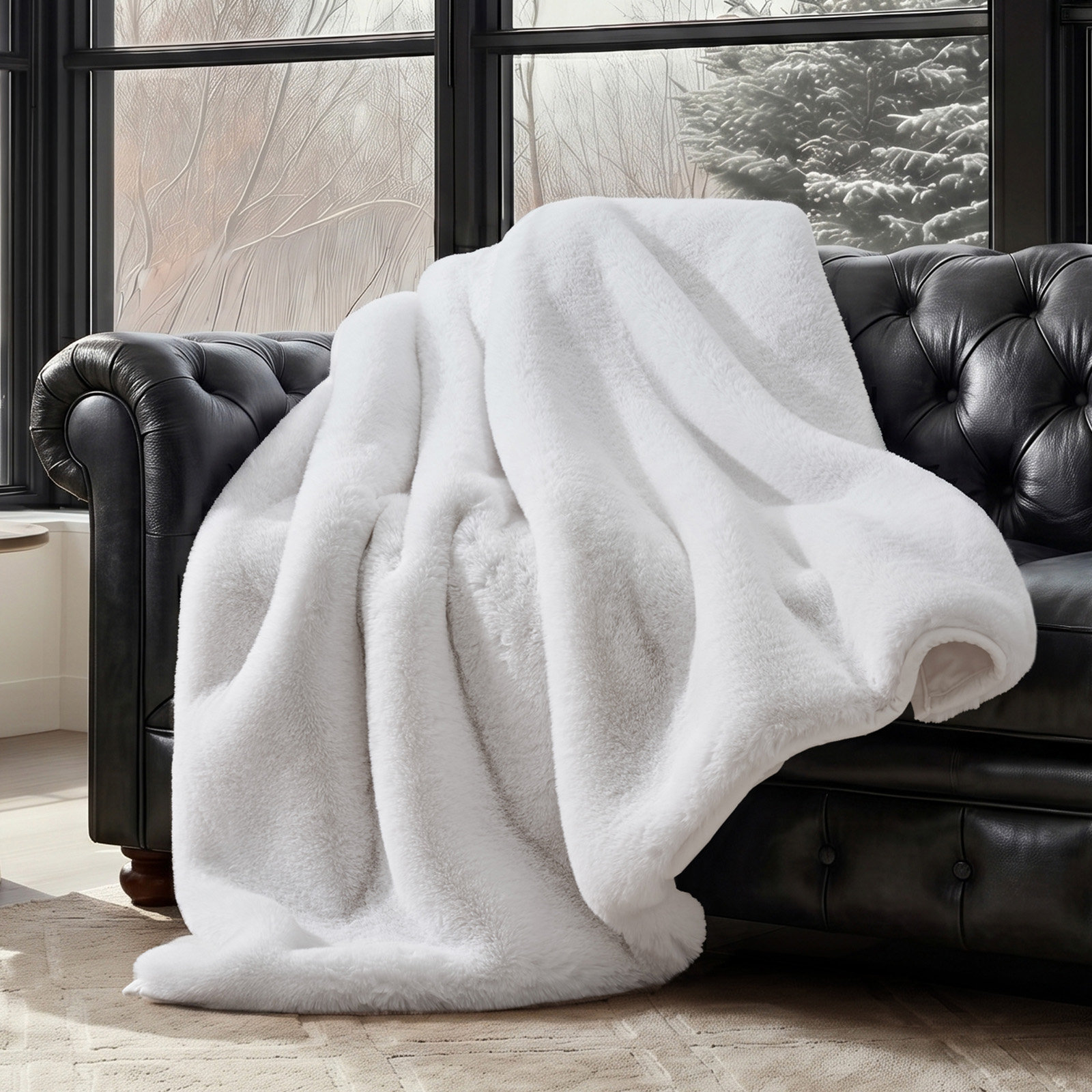Chinchilla Faux Fur Throw Blanket, 60" L x 50" W, Snow Mink