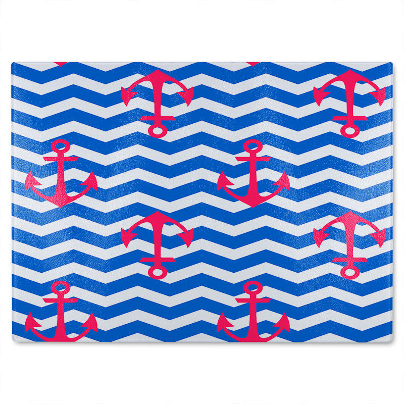Anchors On Zig Zag Stripes Glass Chopping Board, 40cm L x 28cm W