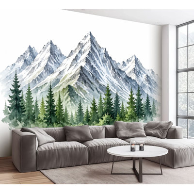 Papier peint auto-adhésif Paysage paysage montagne enneigée pics falaises forêt de conifères pin Papier autocollant amovible pour décoration de salon Chambre à coucher H 100 po x l 144 po