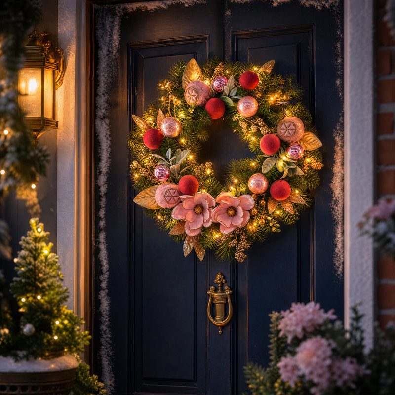 Couronne de Noël pré-illuminée de 61 cm (24 po) avec fleurs de magnolia roses et boules décoratives électroplaquées
