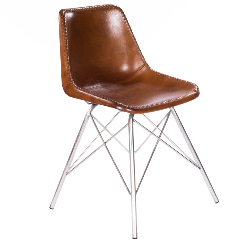  Chaise d'appoint en similicuir brun avec structure en fer argenté, 31.5" H x 19" W x 19" D, Argent