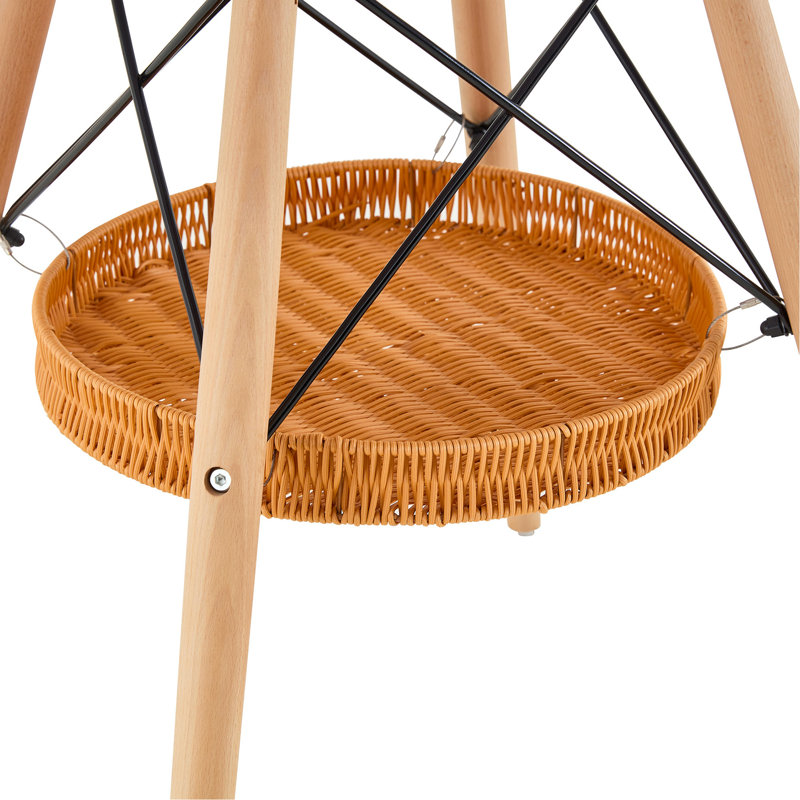 Table de salle à manger circulaire de 31,5 pouces de diamètre, plateau en panneau de fibres à densité moyenne noir, pieds en bois massif, avec structure de panier de rangement suspendue. Une table basse décontractée pouvant accueillir de 2 à 4 personnes.