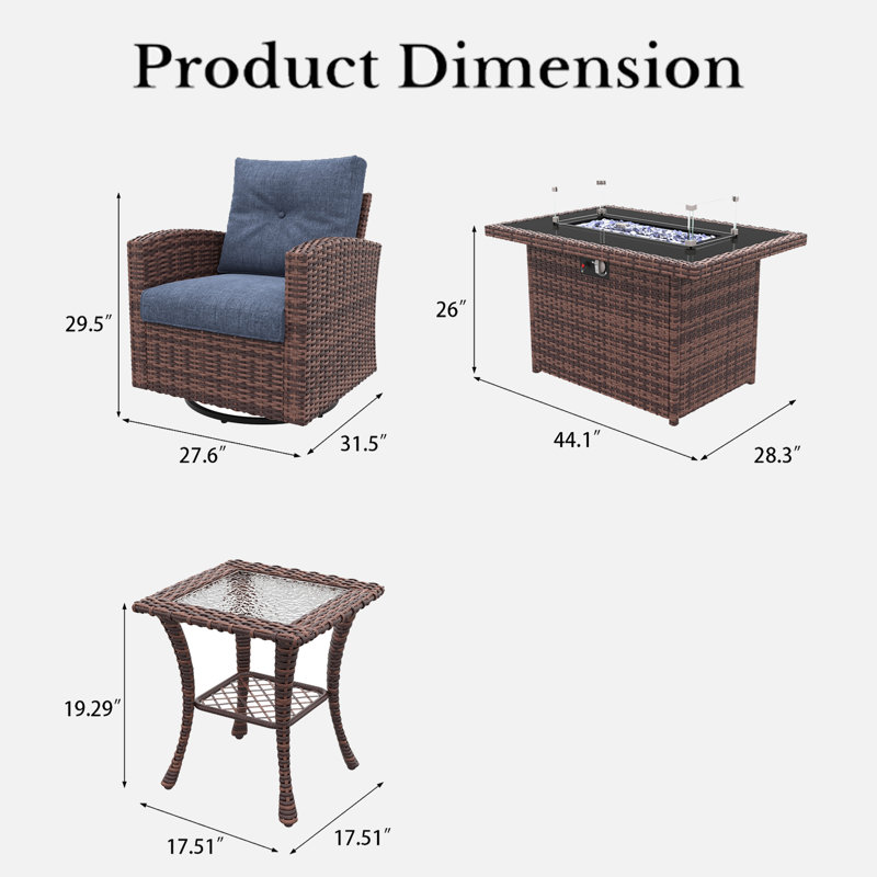 Lark Manor™ 7 Pieces Patio Furniture Set with Swivel Chairs, Rattan Wicker Rocking Glide Chairs with 44" Propane Gas Fire Pit Table Conversation Set