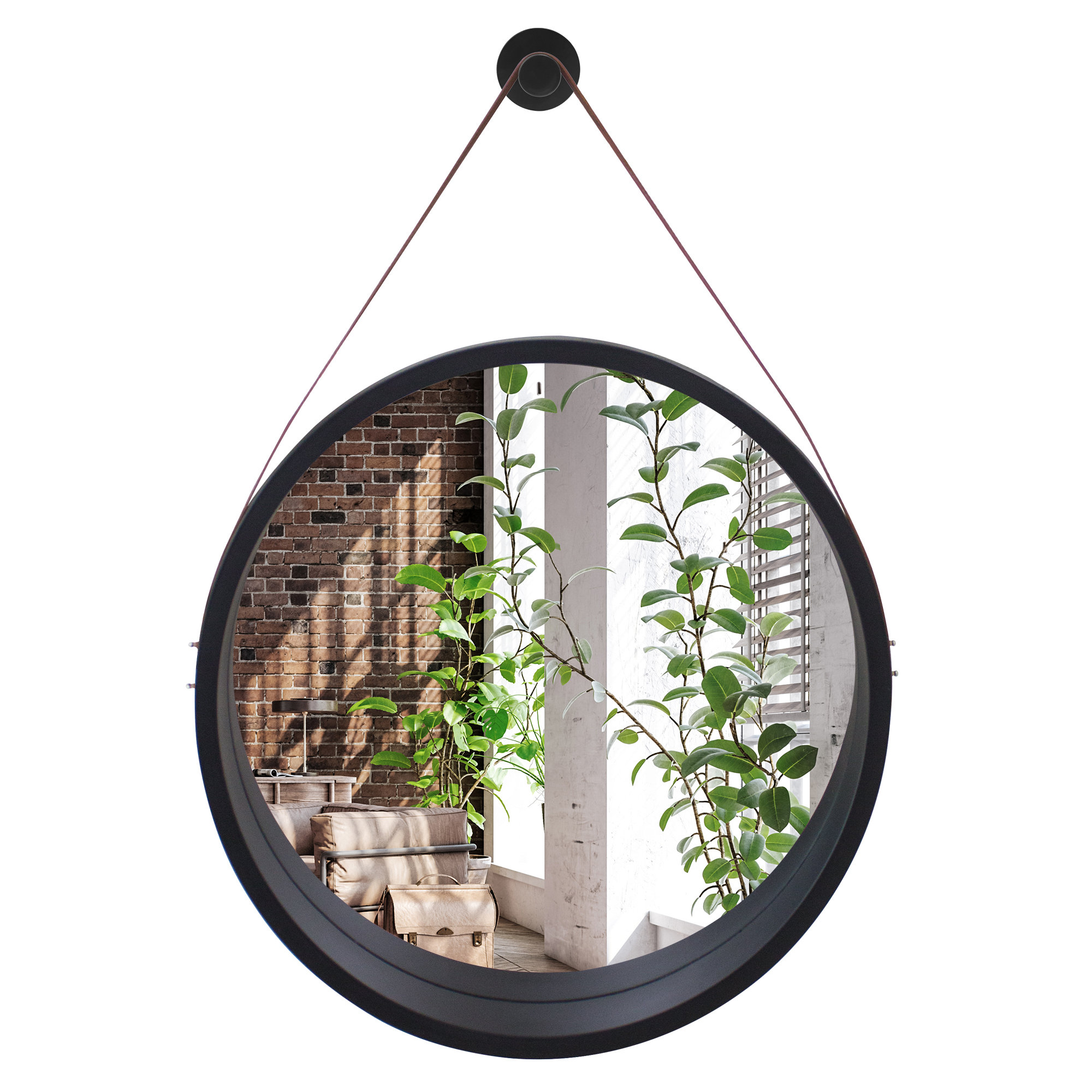 Ebern Designs Norvun Black Round Mirror with Strap Circle Mirror for ...