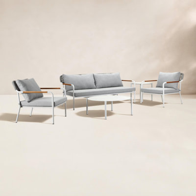 Dean 5-Person Aluminum Patio Conversation Set with Cushions – Outdoor Sofa Seating Set with Teak Arm Accents, Coffee Table & Side Table, Grey