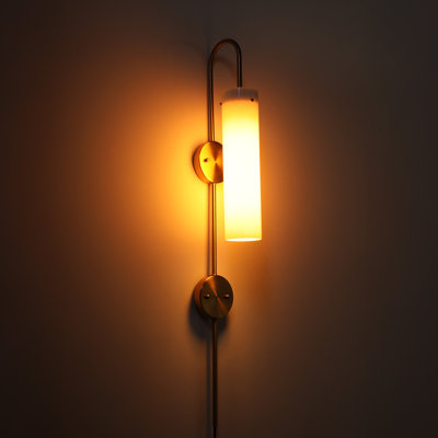 41 Inch Indoor Wall Sconce With Ribbed Glass Shade, E26 Base Modern Wall Lamp, Gold & Opal Glass