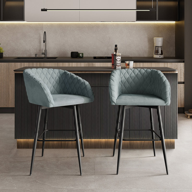 BLACK METAL SWIVEL COUNTER CHAIR IN LIGHT BLUE VELVET, Light Blue