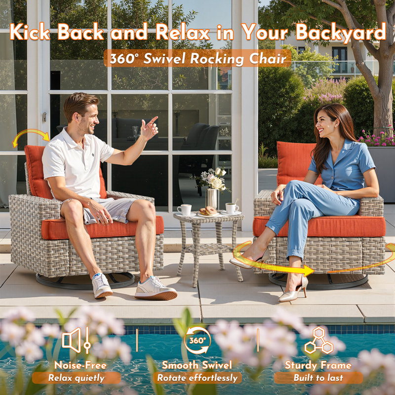 Tommy 10 - Person Outdoor Wicker Patio Conversation Furniture Set With Rocking Swivel Chairs, Red Orange, No