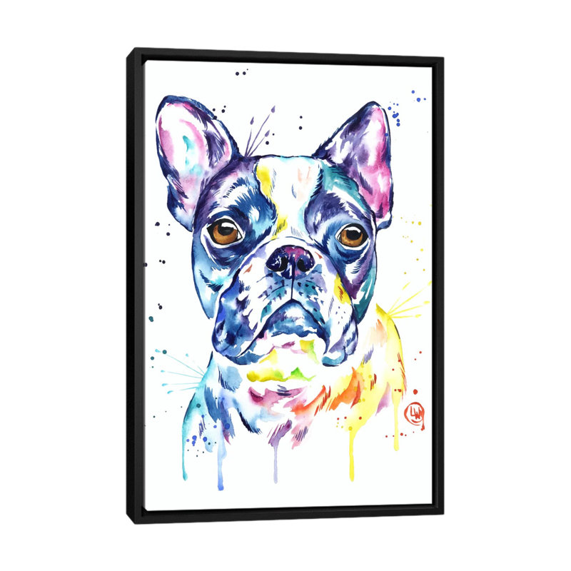 «Boston Terrier» par Lisa Whitehouse, reproduction sur toile, H 26 po x l 18 po x P 1,5 po, Toile avec cadre noir