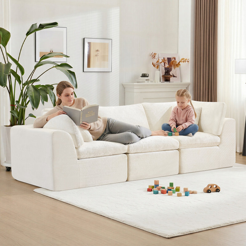 3-Seater Beige Chenille Boneless Sectional Compression Modular Sofa for Living Room Apartment, No Assembly Required, 3 Seat