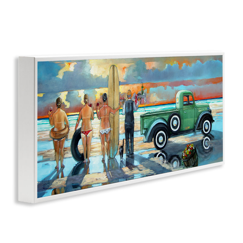 «Butler Serving Beach Girls Scene» par Ronald West - peinture à cadre flottant sur bois, H 13 po x l 30 po x P 1,5 po