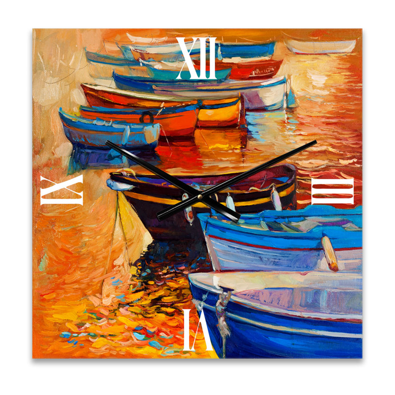 Bateaux dans le port pendant le coucher du soleil I horloge murale, Très grand