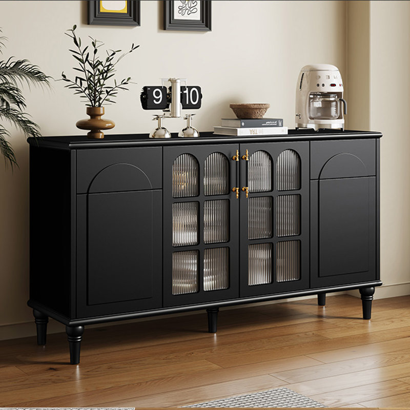 Buffet noir massif + bois manufacturé + verre trempé