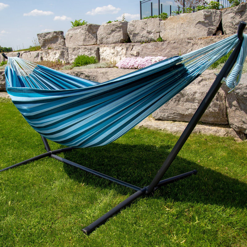 Vivere Double Cotton Hammock, Comfortable Daybed, Steel Stand, 9', Blue Lagoon