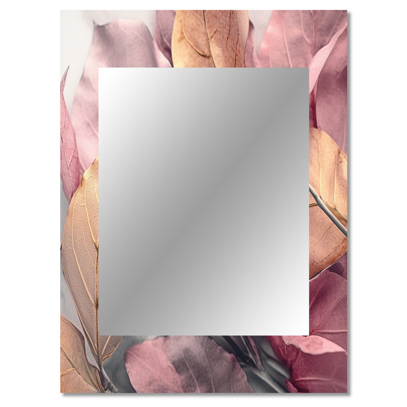 Or rose, feuilles Harmony II - grand miroir mural floral, miroir traditionnel unique, impression d'art en métal