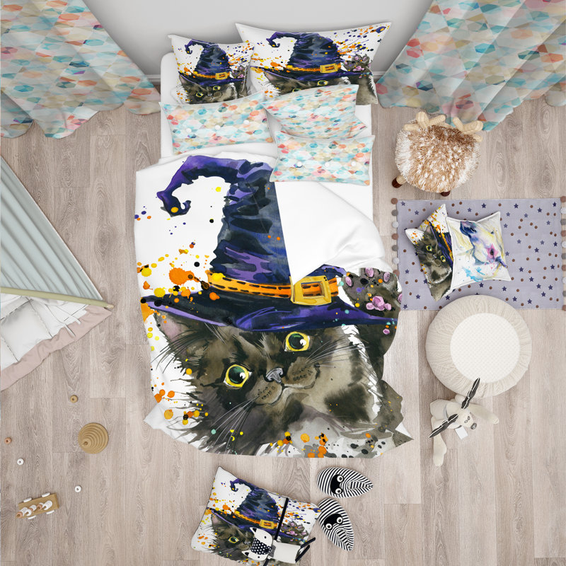 Halloween Cat and Witch Hat Full/Queen Microfiber Duvet Cover Set