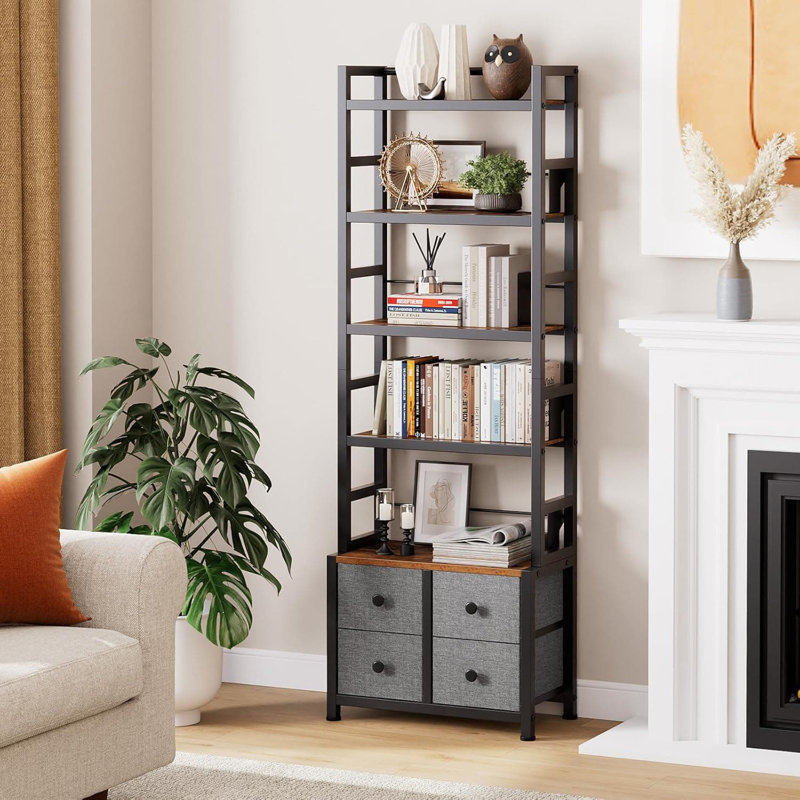 5-Tier Industrial Bookshelf With 4 Fabric Drawers & Adjustable Bookends, Free Standing Storage Shelf For Home Office, Living Room, Bedroom Organization