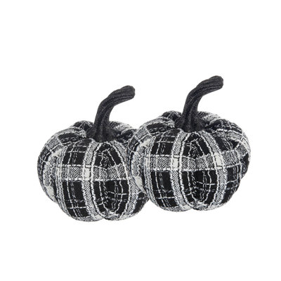 Fabric Pumpkins Set of 2 Black and White Plaid Pattern 7 Inch Farmhouse Indoor Autumn Halloween Tabletop Decor with Soft Fabric Stems