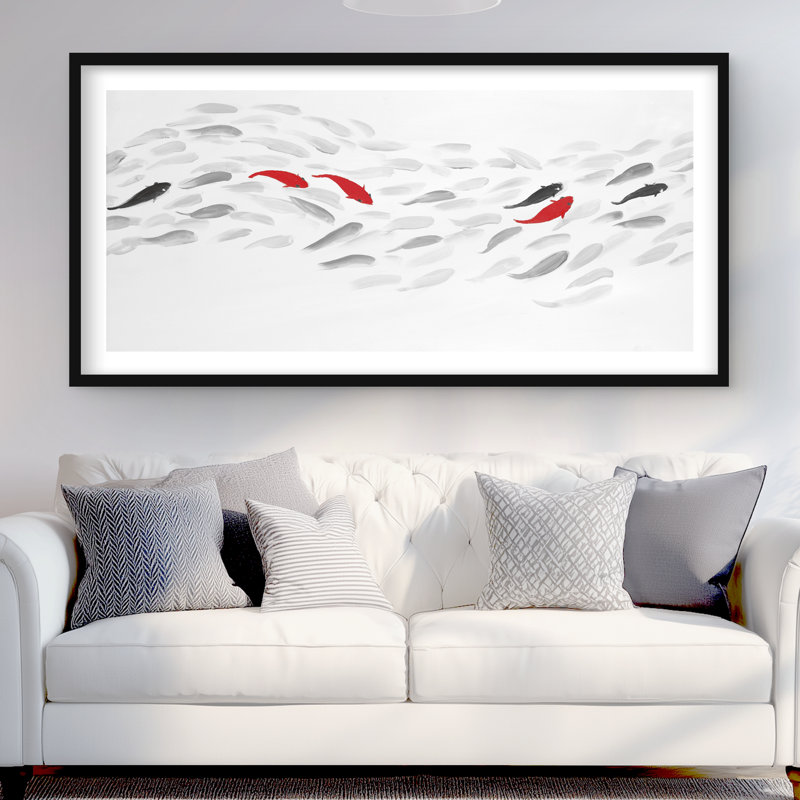Vagues de poissons nageant - reproduction encadrée pour décoration de salle de bain