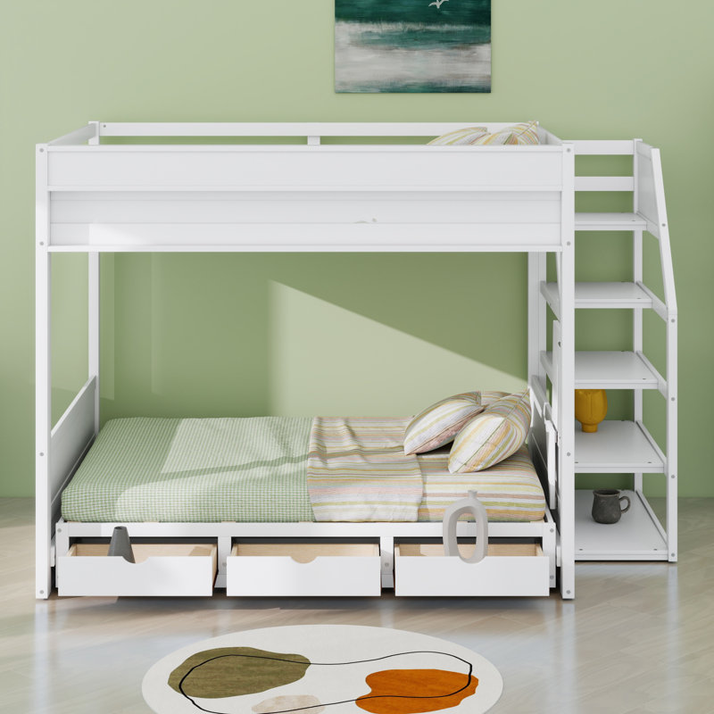 Lit superposé convertible avec escalier de rangement, table de chevet et 3 tiroirs