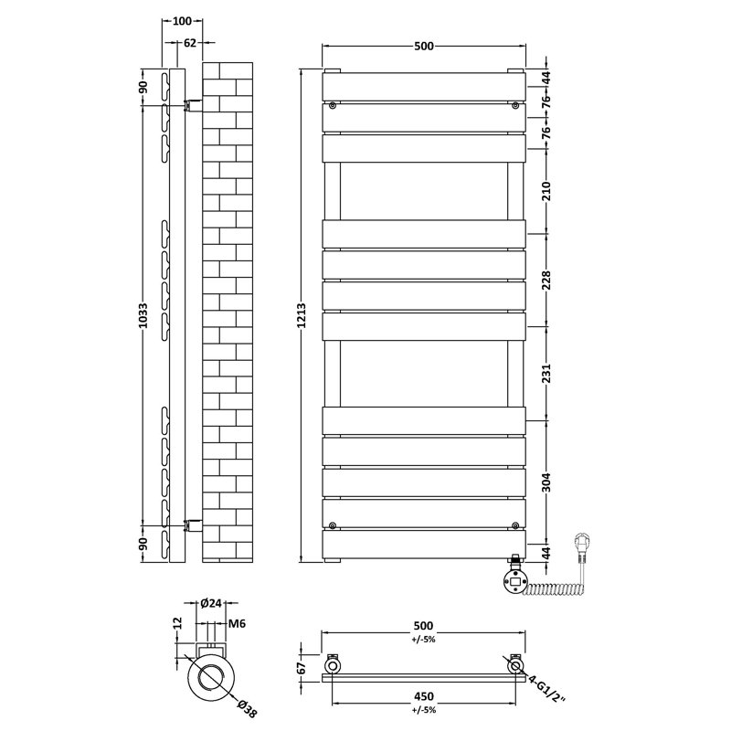 Flat Panel Towel Rail Heated Towel Rails, 763, 121.3" H x 19.7" W x 6.7" D