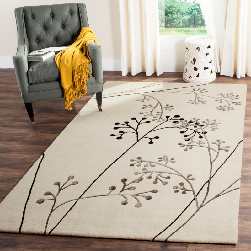 Tapis floral ivoire / gris touffeté à la main Floral, Rectangle 9 pi 6 po x 13 pi 6 po