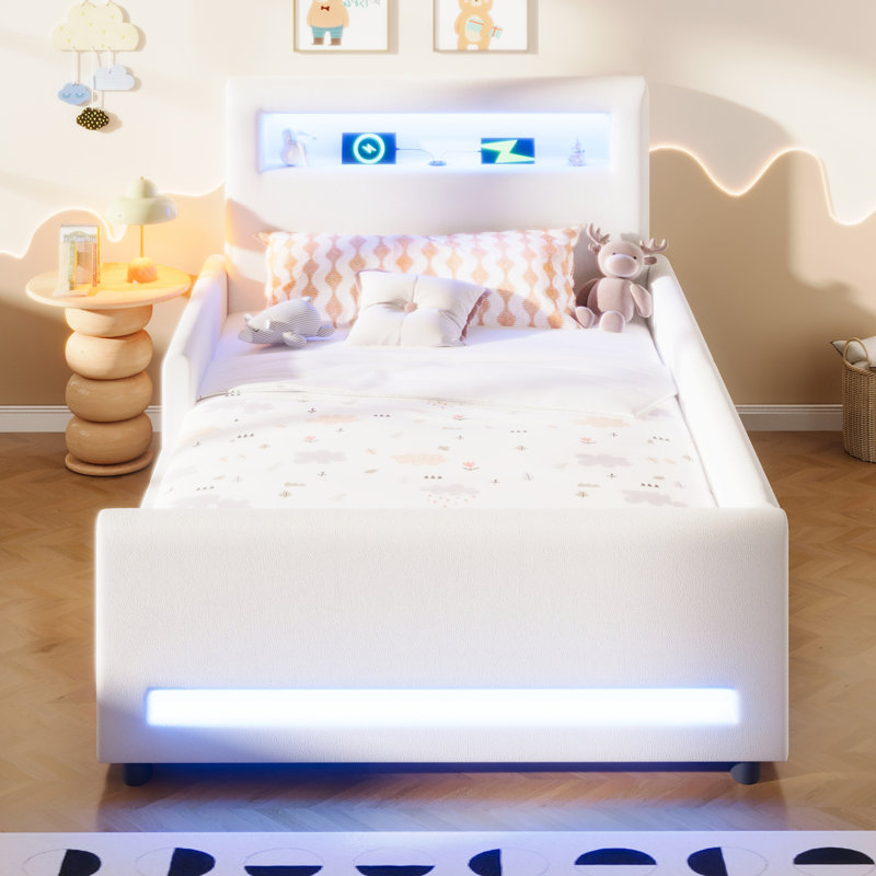 Lit plateforme tapissier simple avec tiroir, bande lumineuse à DEL, port USB, blanc, Lit simple, Blanc