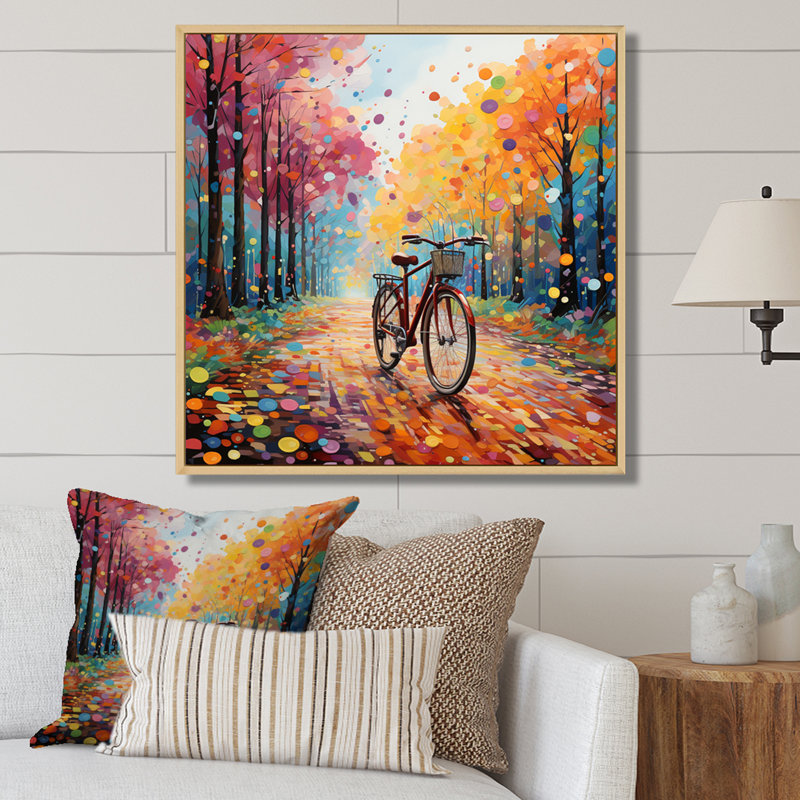 Vélo joyeux chevauchant le pointillisme II, 36" H x 36" W, Cadre naturel flottant