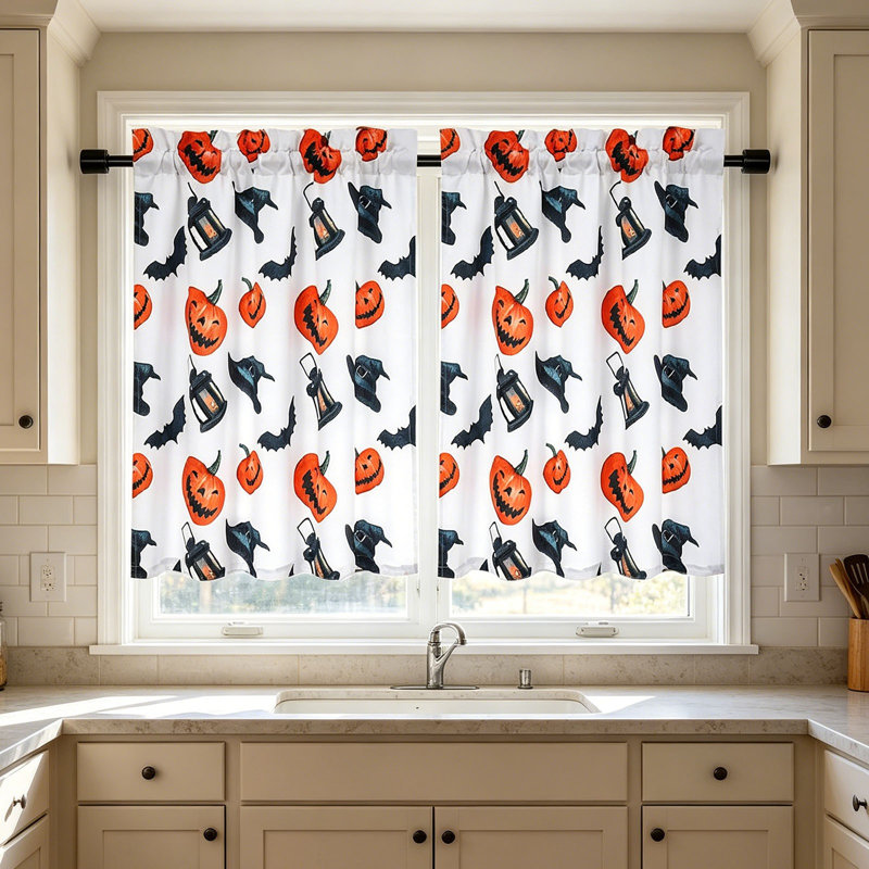 Kbndieu 2D Printed Halloween Kitchen Curtains Washable Short Window Curtains 1 Pair Decorative Light Filtering Curtains for Kitchen Bedroom Bathroom Home Halloween