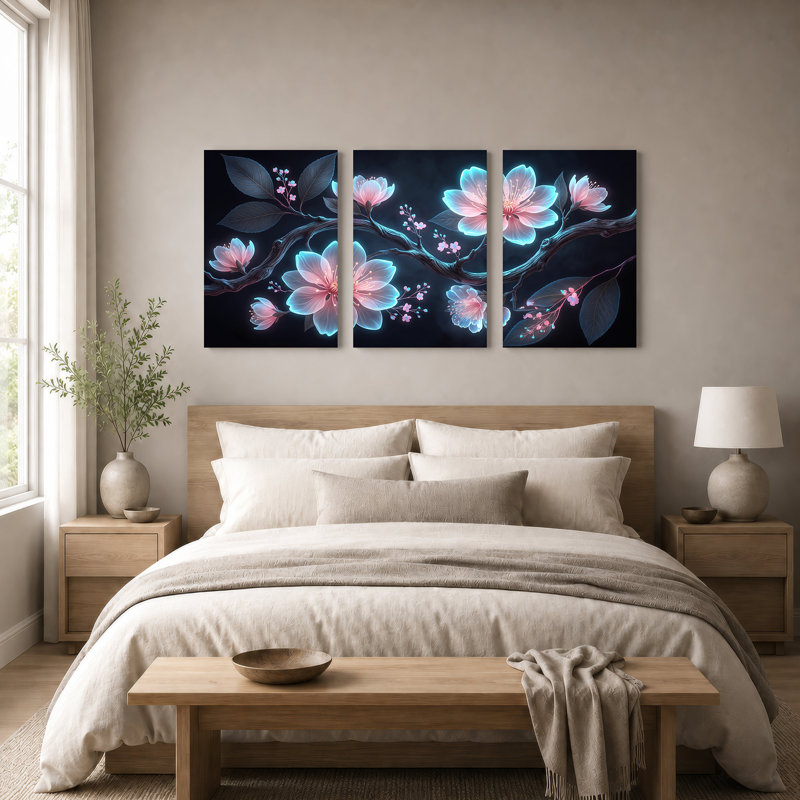 Art mural sur toile de fleurs de cerisier roses et bleues avec petits bourgeons sur fond foncé, 36"H x 24"W x 3pcs