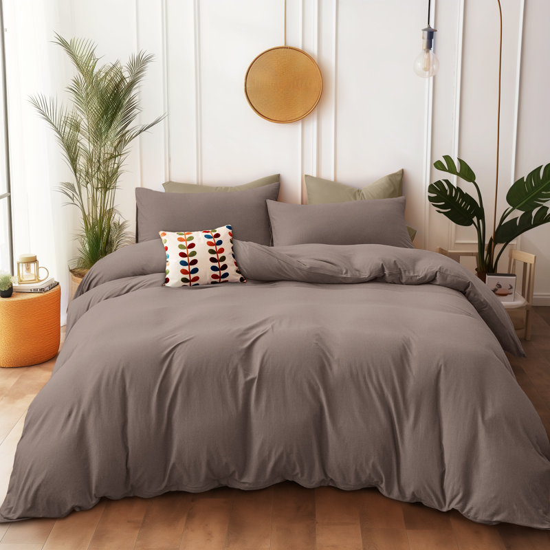 Ensemble de housse de couette en coton jersey, Housse de couette double et 2 taies décoratives s, Brun café