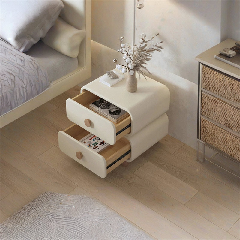 Bedside Table With Drawer, Wooden Bedside Table, White, Cabinet Rounded Corners, Gray Cabinet Legs