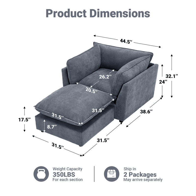 Heffernan 44.49" Accent Chair With Ottoman, Blue Gray Chenille