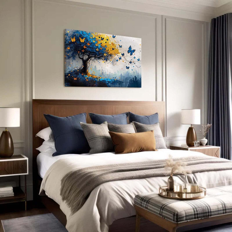 Butterfly Tree Canvas Wall Art Blue and Yellow Tree of Life Painting Print Artwork 24x16 Inch Abstract Oil Style Framed Posters Wall Decor for Living Room Bedroom Office Hallway
