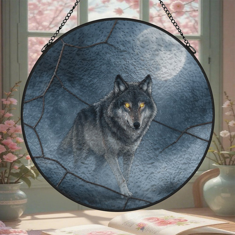 Loup hurlant à la lune, vitrail pour fenêtre, 7,8 x 7,8 po (20 x 20 cm)