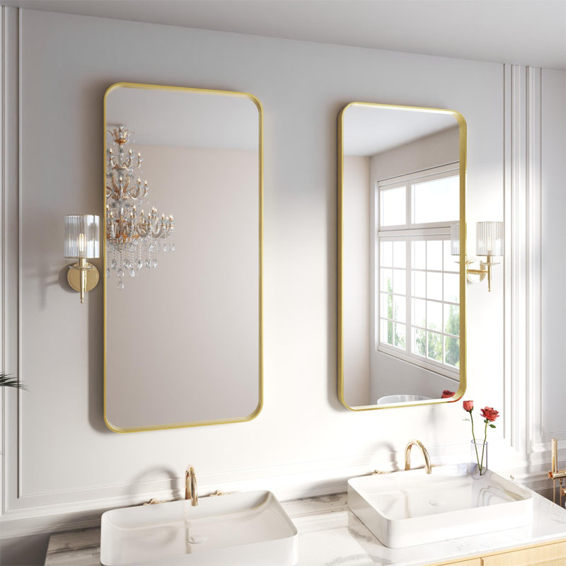 Stylish Aluminum Framed Mirror with Rounded Corner for Elegant Home Decor, 60" x 28", Rectangle, Brushed Gold