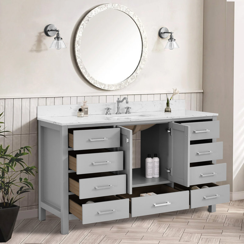 Meuble-lavabo pour salle de bain, comptoir autoportant avec lavabo simple et cadre en bois massif gris, Gris, 60"