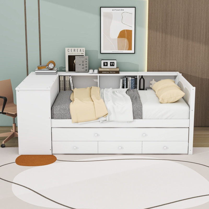 Daybed with Trundle, Storage Drawers, Side Shelves and Desk, Gray, Twin