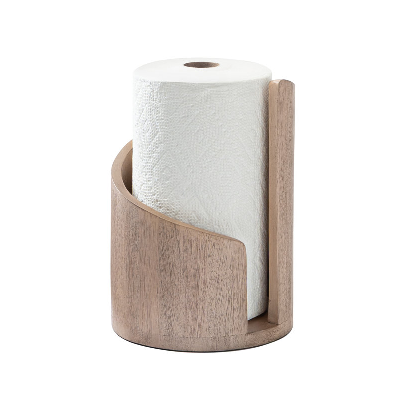 Wooden Paper Towel Holder with Top Load Space Design for Kitchen and Table Decor, Anti Skid Base, Eco Friendly Mango Wood & Metal Rod - Biscotti / Nickel