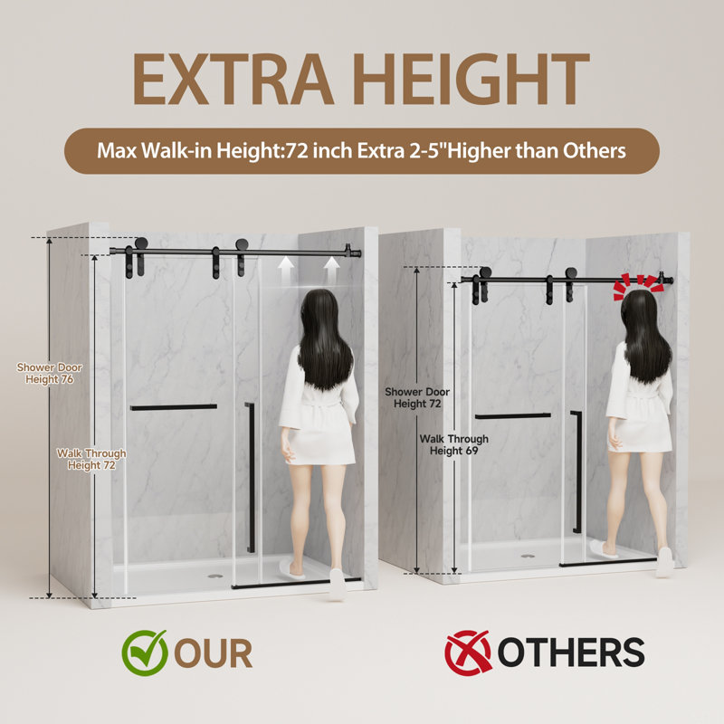 44"-48" W X 76" H Frameless Sliding Shower Door, Chrome Shower Screen, 5/16" (8Mm) Clear Tempered Glass With Explosion-Proof Film