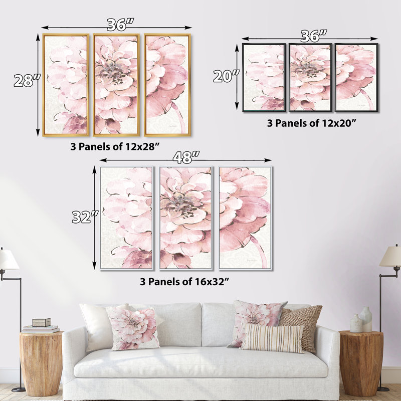 Indigold Shabby Peony - ensemble d'art mural sur toile encadré Shabby Elegance, H 20 po x l 36 po, Cadre brun