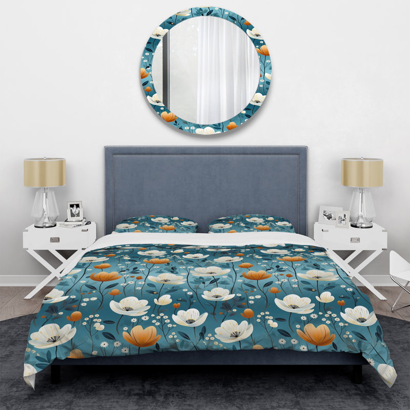 Meadow Blue And Beige Floral Pattern III - Ensemble de housse de couette à motif floral