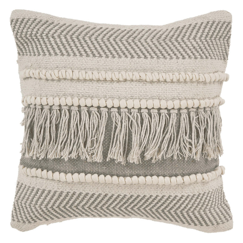 Beige and Ivory Chevron Cotton 20" Square Pillow with Fringe