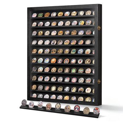 10 Tier Wall Mountable Challenge Coin Display Case with Shatterproof Acrylic Door, Wooden Shadow Box Cabinet for Military Coins, Medals and Collectible Tokens,Black