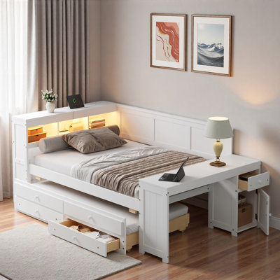 Modern Daybed With Storage Shelves, Drawers, Trundle, Charging Station, Led Light, Desk And Cabinet