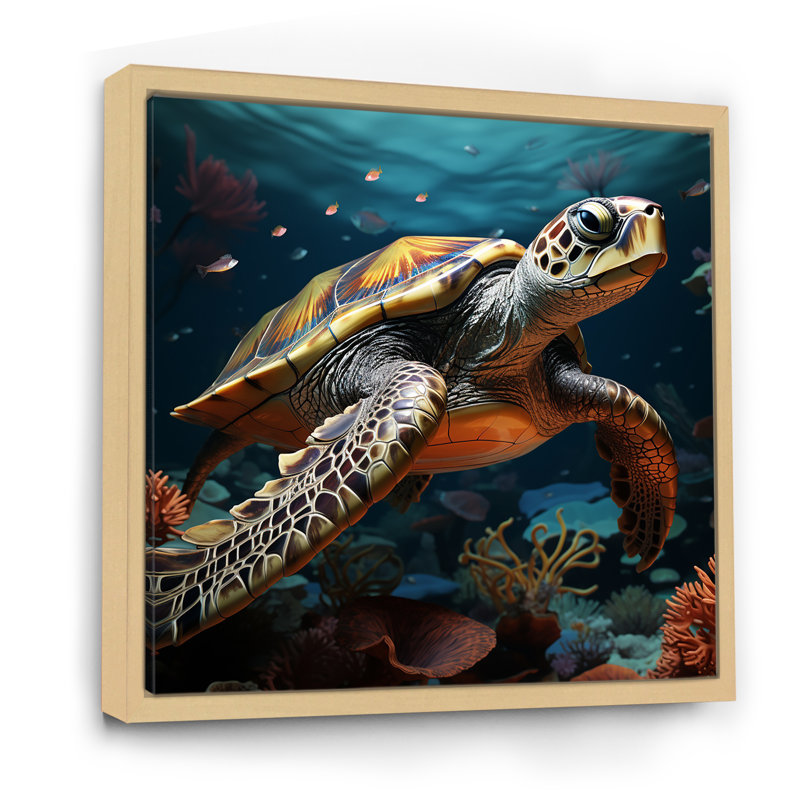 Art cosmique avec une tortue sur un cosmique sur toile, H 36 po x l 36 po x P 1,5 po, Cadre naturel flottant