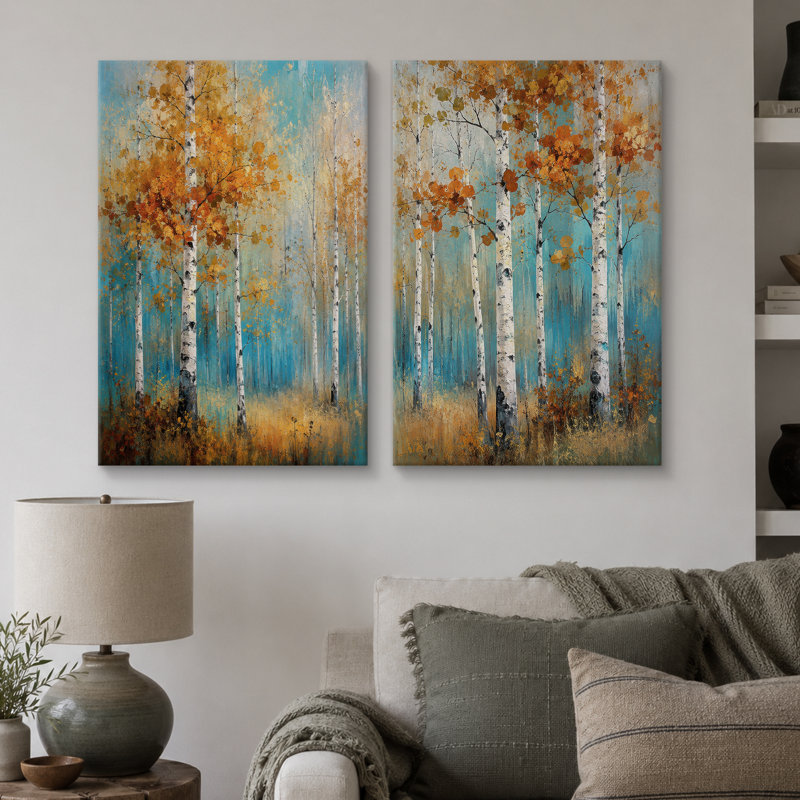 «Autumn Birch Forest Landscape», art de salon, impression sur toile encadrée, 2 pièces, 36" H x 48" W x 1.5" D