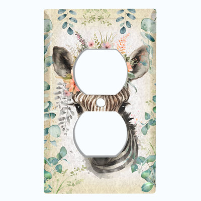 Metal Light Switch Plate Outlet Cover (Zebra Animal Flower Head Wreath - Single Duplex)