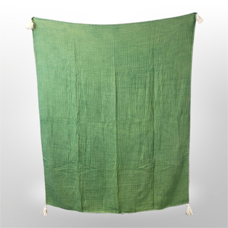 Lush Green Cotton Muslin Throw Blanket with Tassels