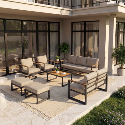 Aluminum Outdoor Patio Furniture Set 8 Pieces, 2 Swivel Rocking Chairs, 3-Seater, 2-Seater Bench, 2 Ottomans, Coffee Table & Side Table, Patio Sectional Conversation Furniture Set With Thick Cushions